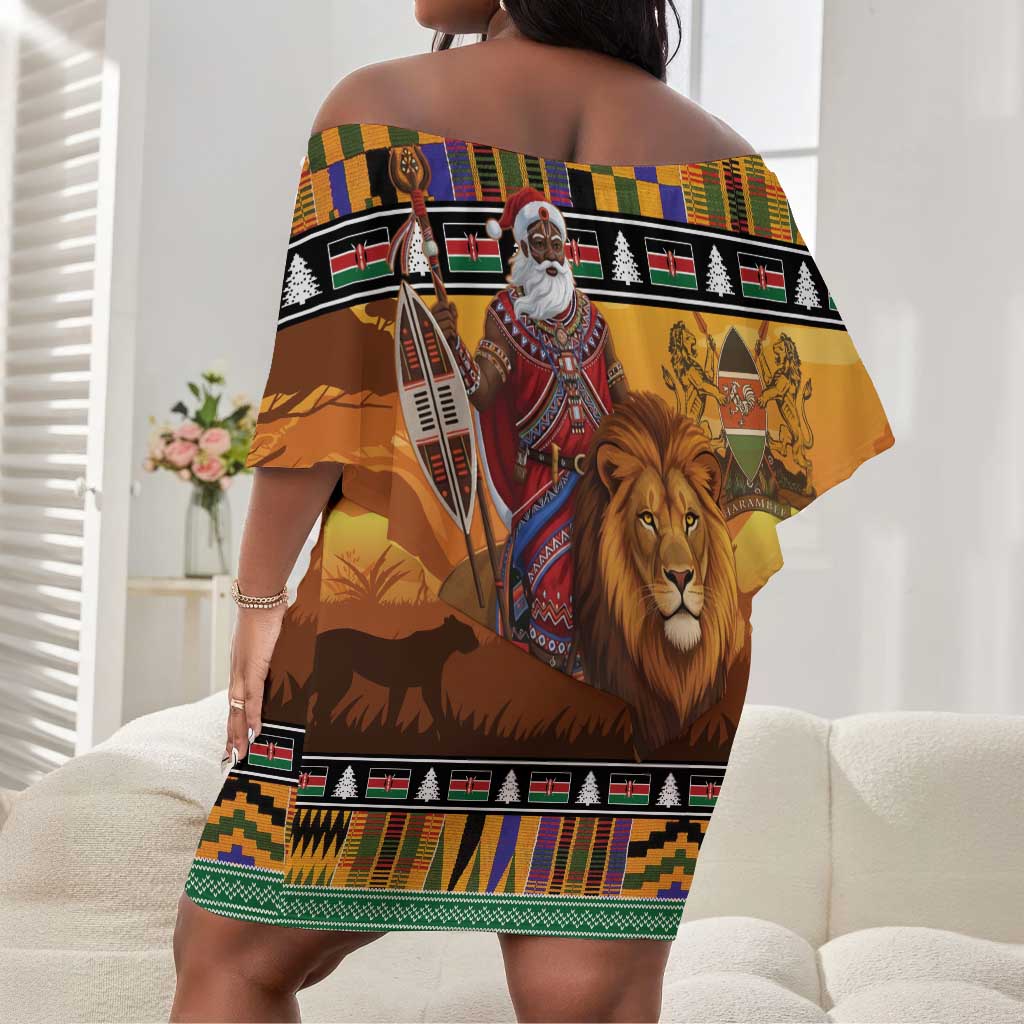 Afro Christmas in Kenya Safari Off Shoulder Short Dress Black Santa Riding Lion - African Pride