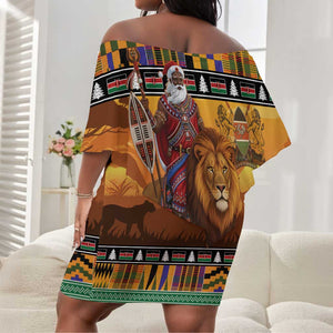 Afro Christmas in Kenya Safari Off Shoulder Short Dress Black Santa Riding Lion - African Pride