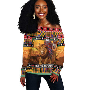 Afro Christmas in Kenya Safari Off Shoulder Sweater Black Santa Riding Lion - African Pride