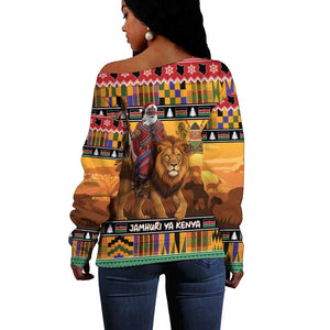 Afro Christmas in Kenya Safari Off Shoulder Sweater Black Santa Riding Lion - African Pride