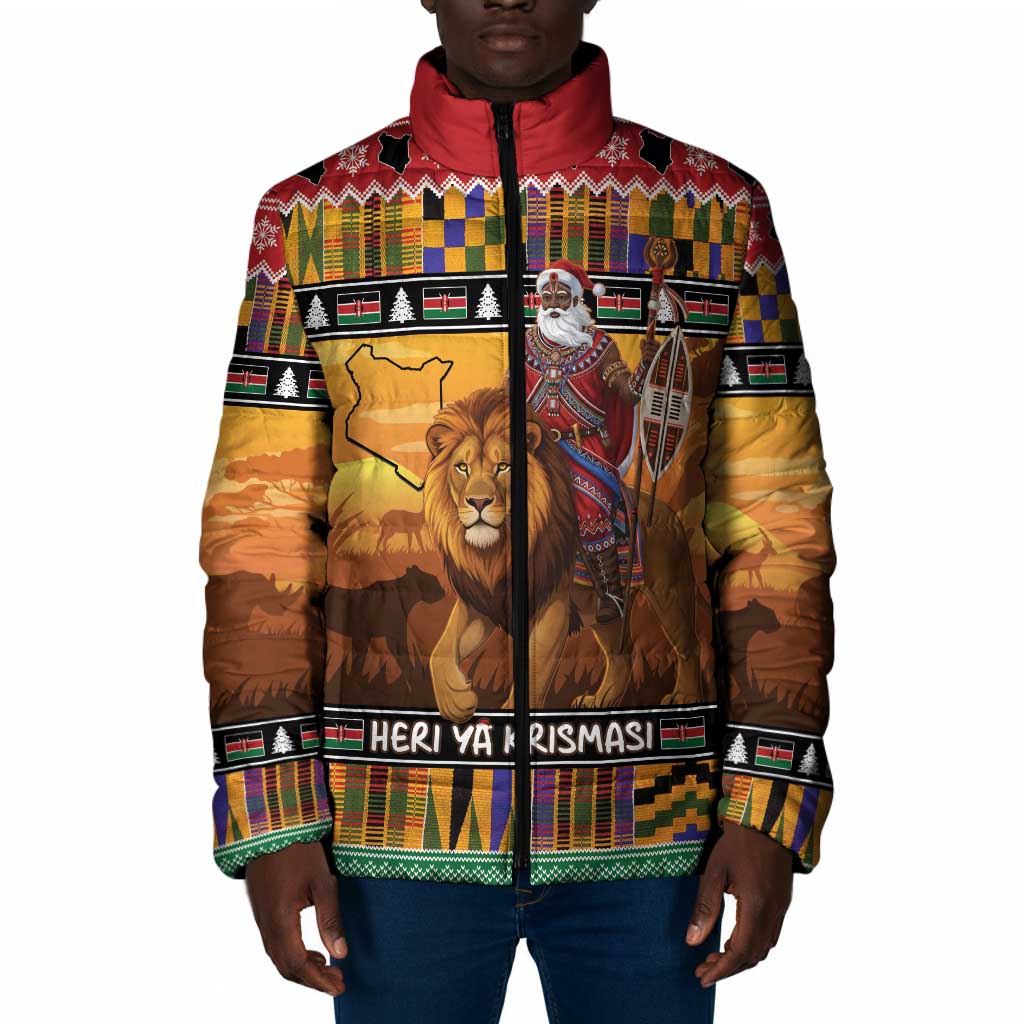 Kenya Safari Christmas Padded Jacket Black Santa Riding Lion - Heri ya Krismasi