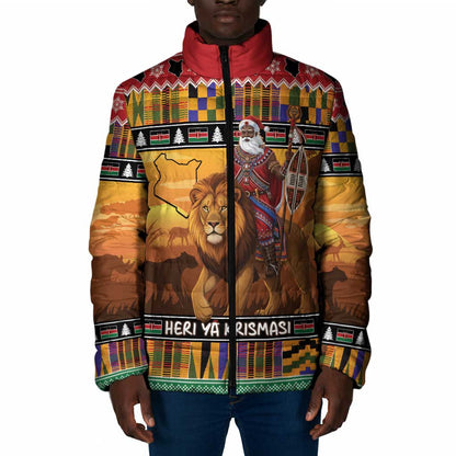 Kenya Safari Christmas Padded Jacket Black Santa Riding Lion - Heri ya Krismasi