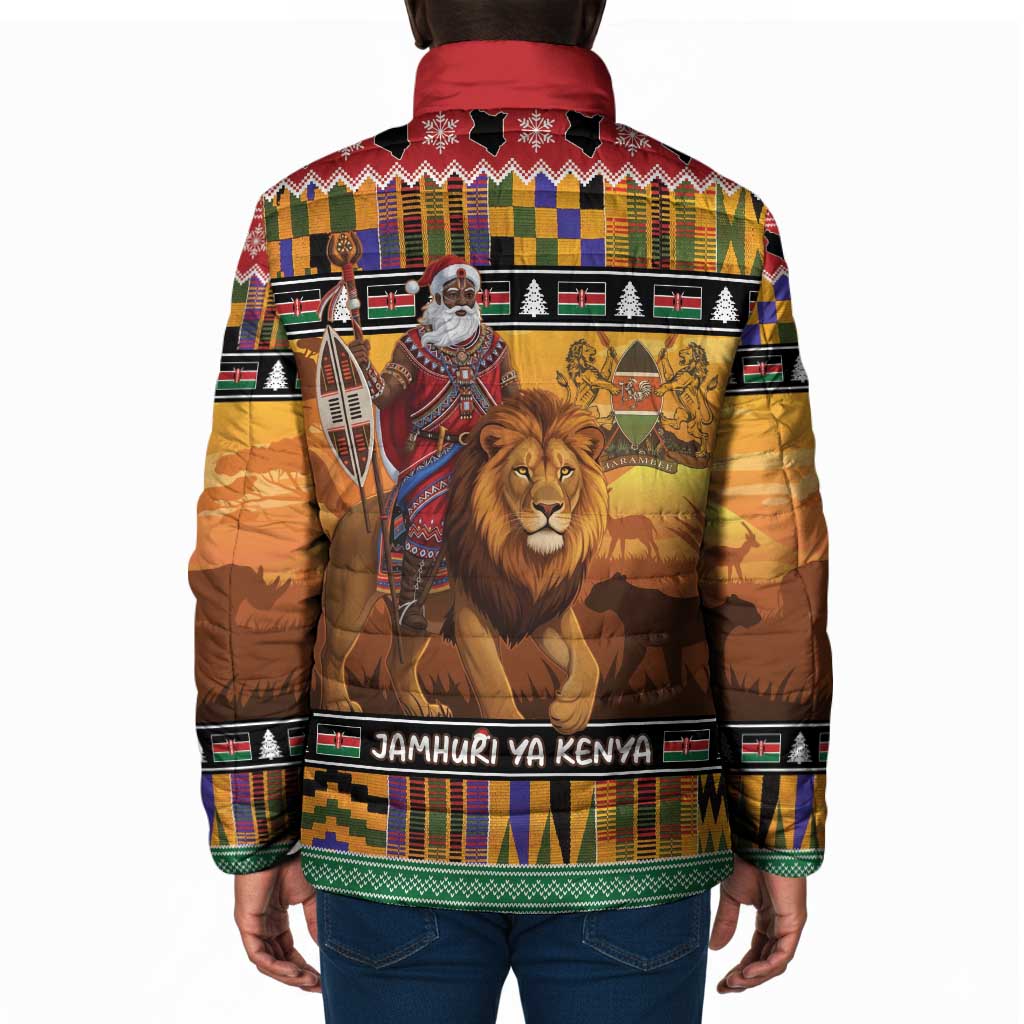 Kenya Safari Christmas Padded Jacket Black Santa Riding Lion - Heri ya Krismasi