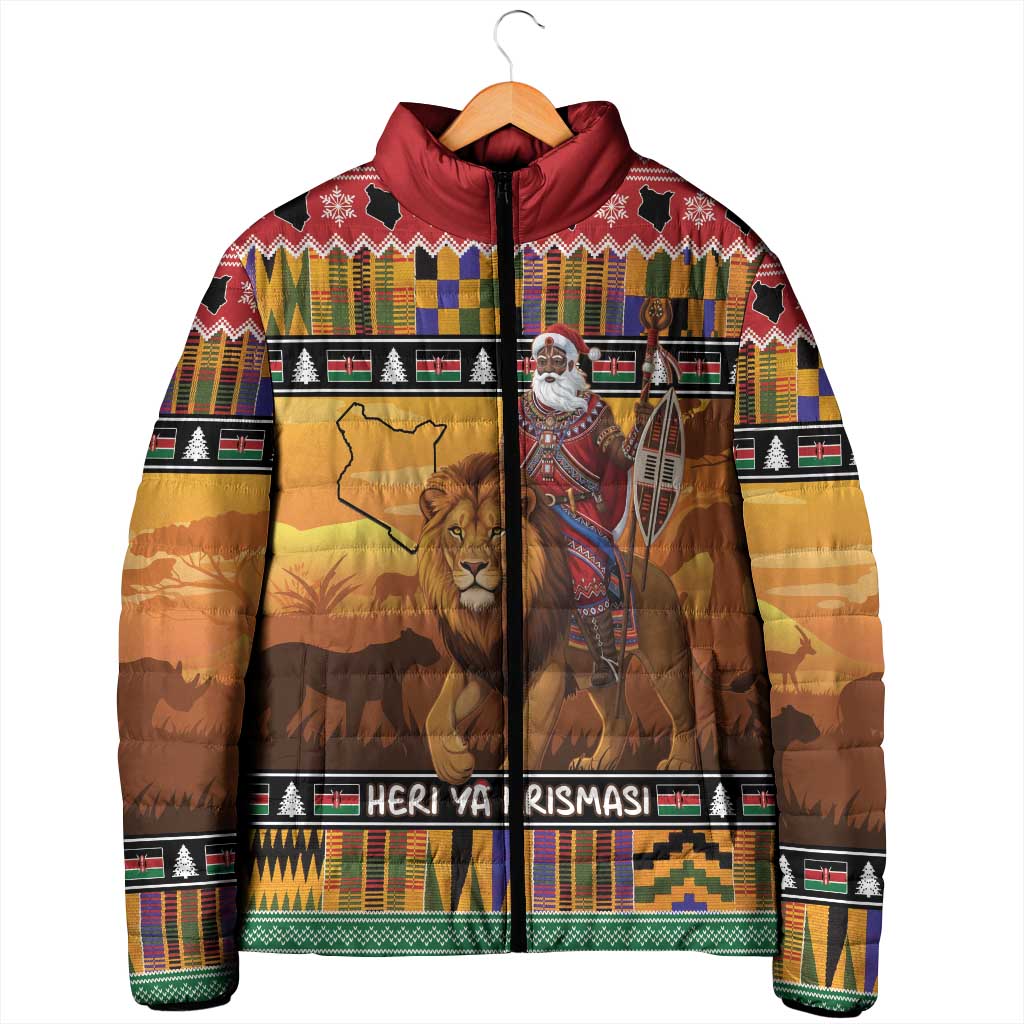 Kenya Safari Christmas Padded Jacket Black Santa Riding Lion - Heri ya Krismasi