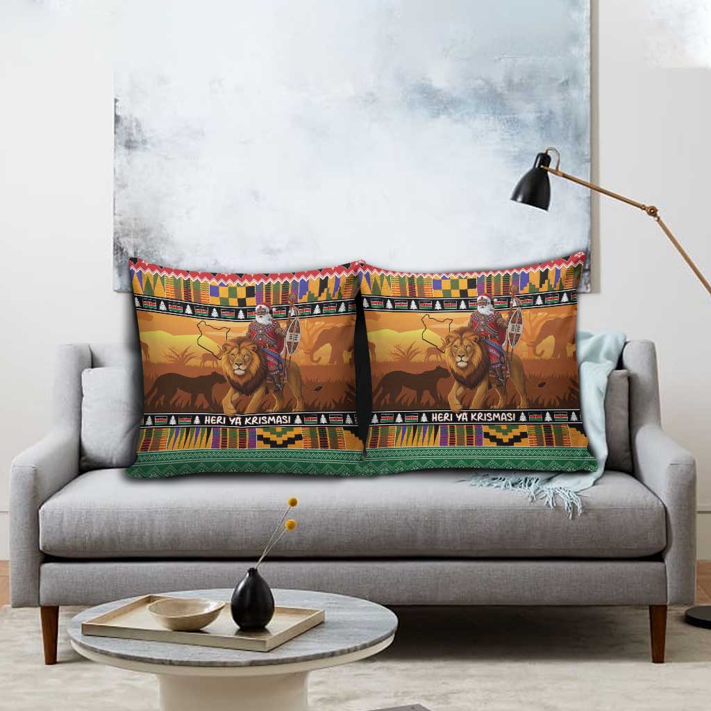 Kenya Safari Christmas Pillow Cover Black Santa Riding Lion - Heri ya Krismasi