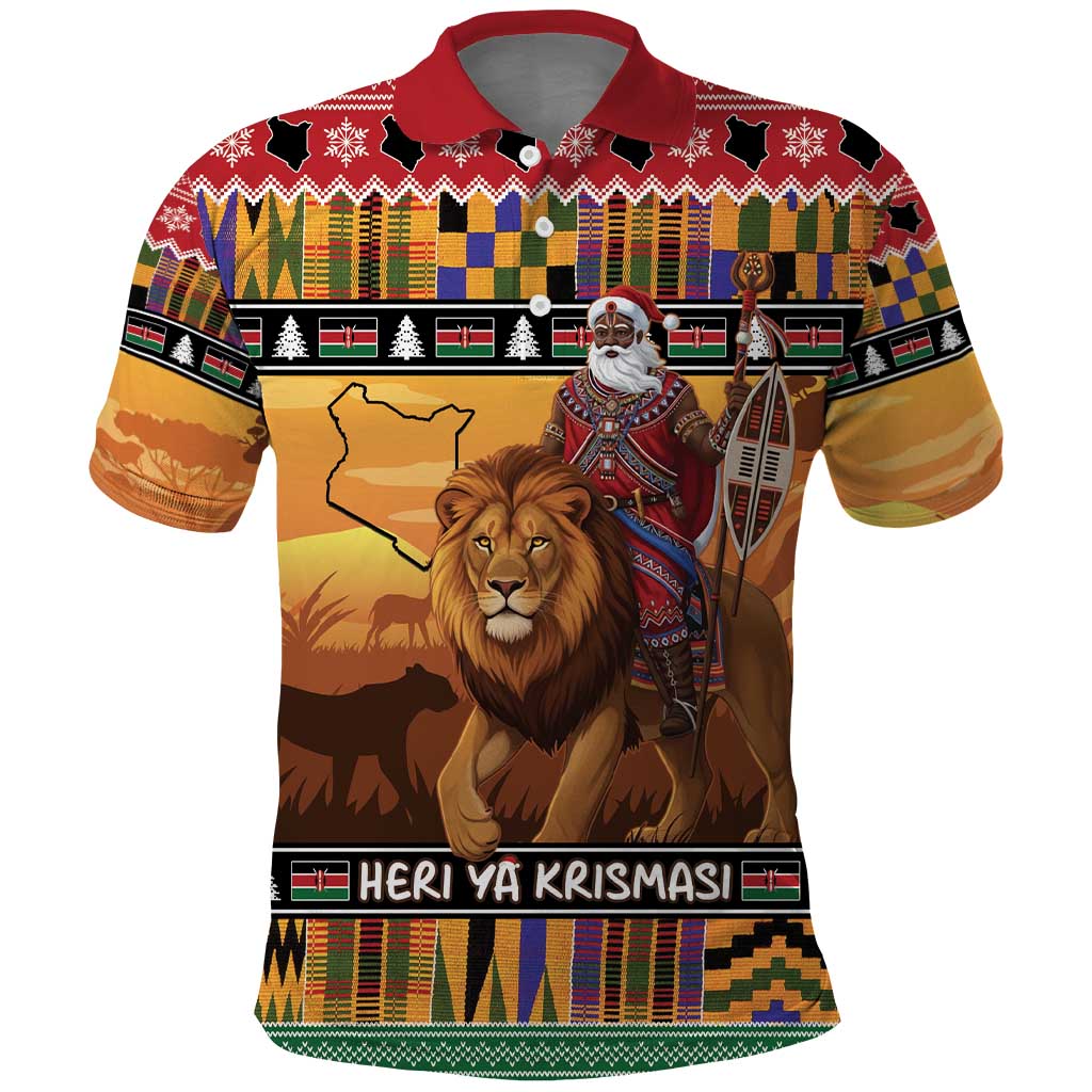 Afro Christmas in Kenya Safari Polo Shirt Black Santa Riding Lion - African Pride