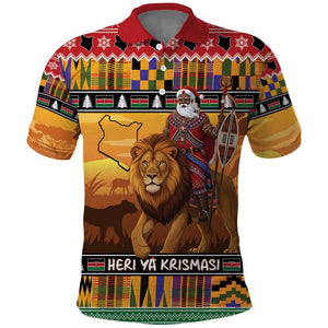Afro Christmas in Kenya Safari Polo Shirt Black Santa Riding Lion - African Pride
