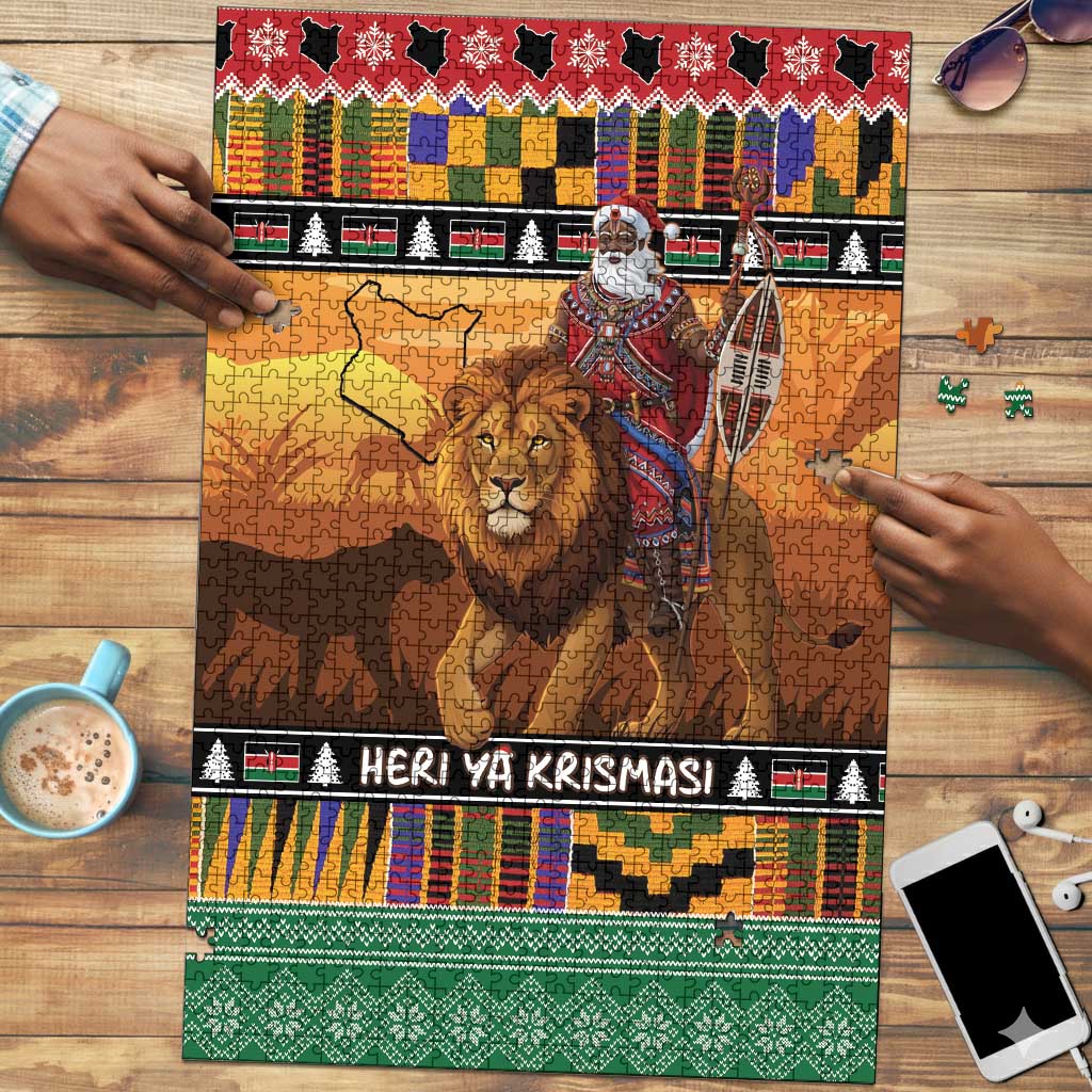Kenya Safari Christmas Puzzle Black Santa Riding Lion - Heri ya Krismasi