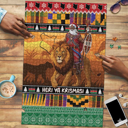 Kenya Safari Christmas Puzzle Black Santa Riding Lion - Heri ya Krismasi