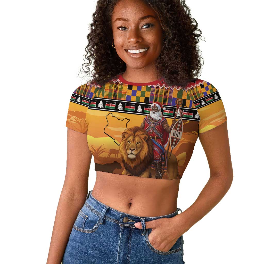 Afro Christmas in Kenya Safari Raglan Cropped T shirt Black Santa Riding Lion - African Pride