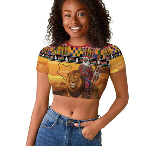 Afro Christmas in Kenya Safari Raglan Cropped T shirt Black Santa Riding Lion - African Pride