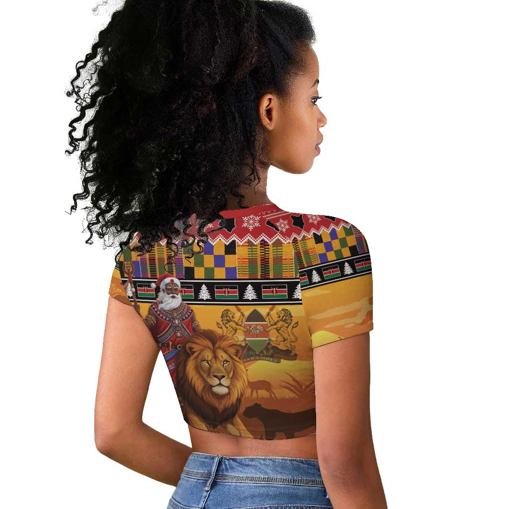 Afro Christmas in Kenya Safari Raglan Cropped T shirt Black Santa Riding Lion - African Pride