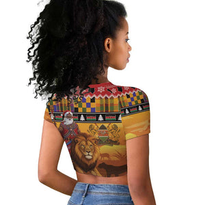 Afro Christmas in Kenya Safari Raglan Cropped T shirt Black Santa Riding Lion - African Pride