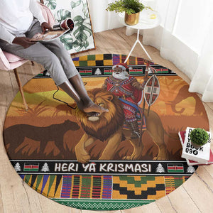 Afro Christmas in Kenya Safari Round Carpet Black Santa Riding Lion - African Pride