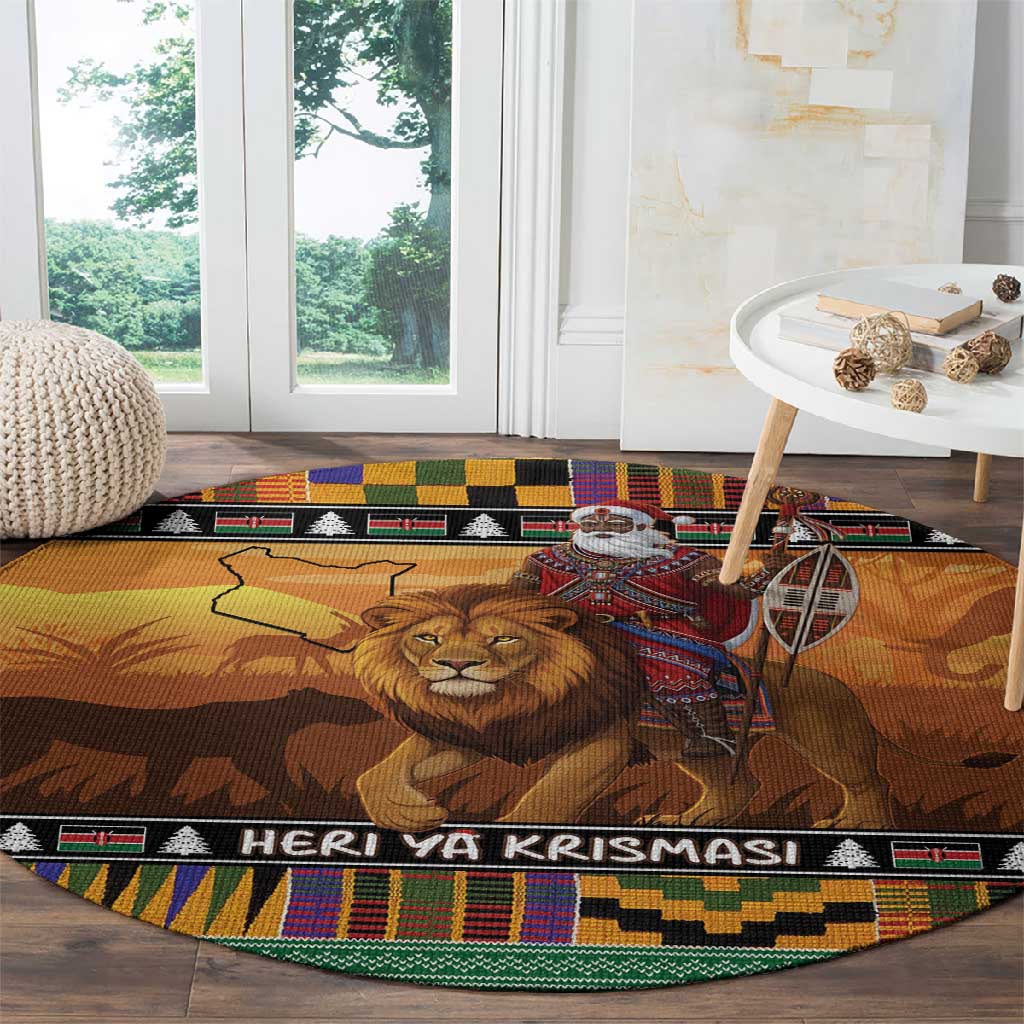 Afro Christmas in Kenya Safari Round Carpet Black Santa Riding Lion - African Pride