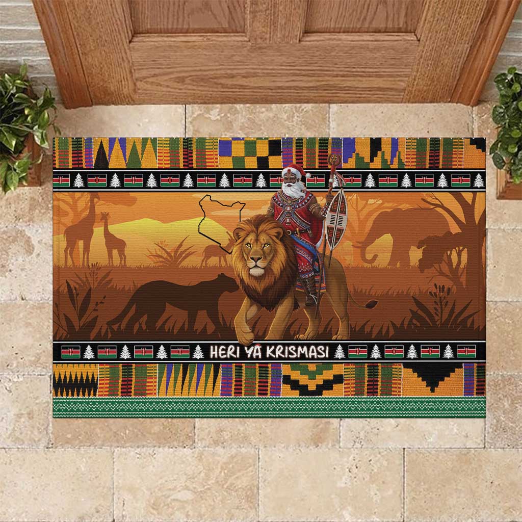Afro Christmas in Kenya Safari Rubber Doormat Black Santa Riding Lion - African Pride