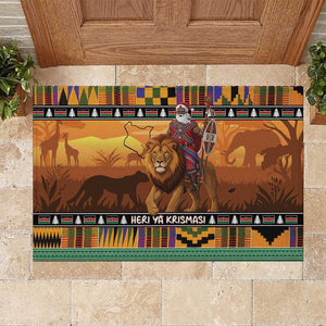 Afro Christmas in Kenya Safari Rubber Doormat Black Santa Riding Lion - African Pride