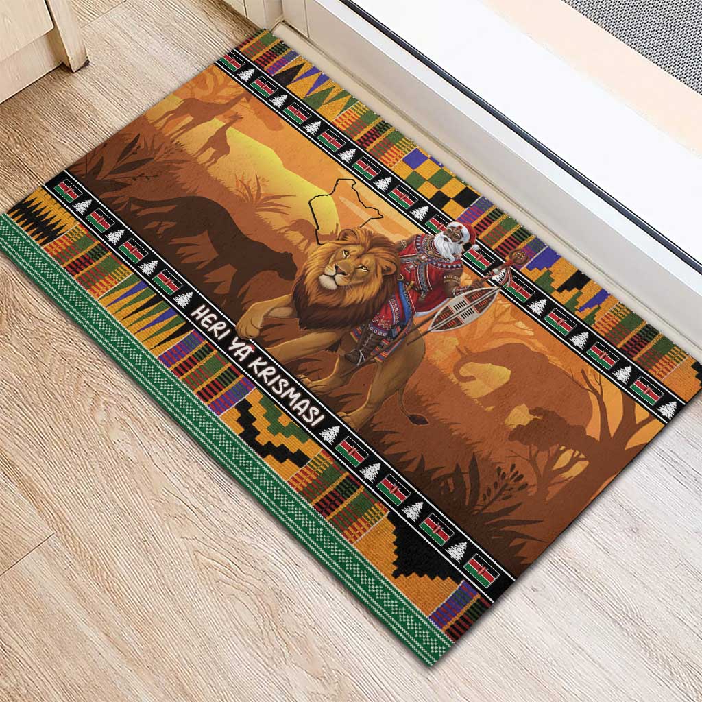 Afro Christmas in Kenya Safari Rubber Doormat Black Santa Riding Lion - African Pride
