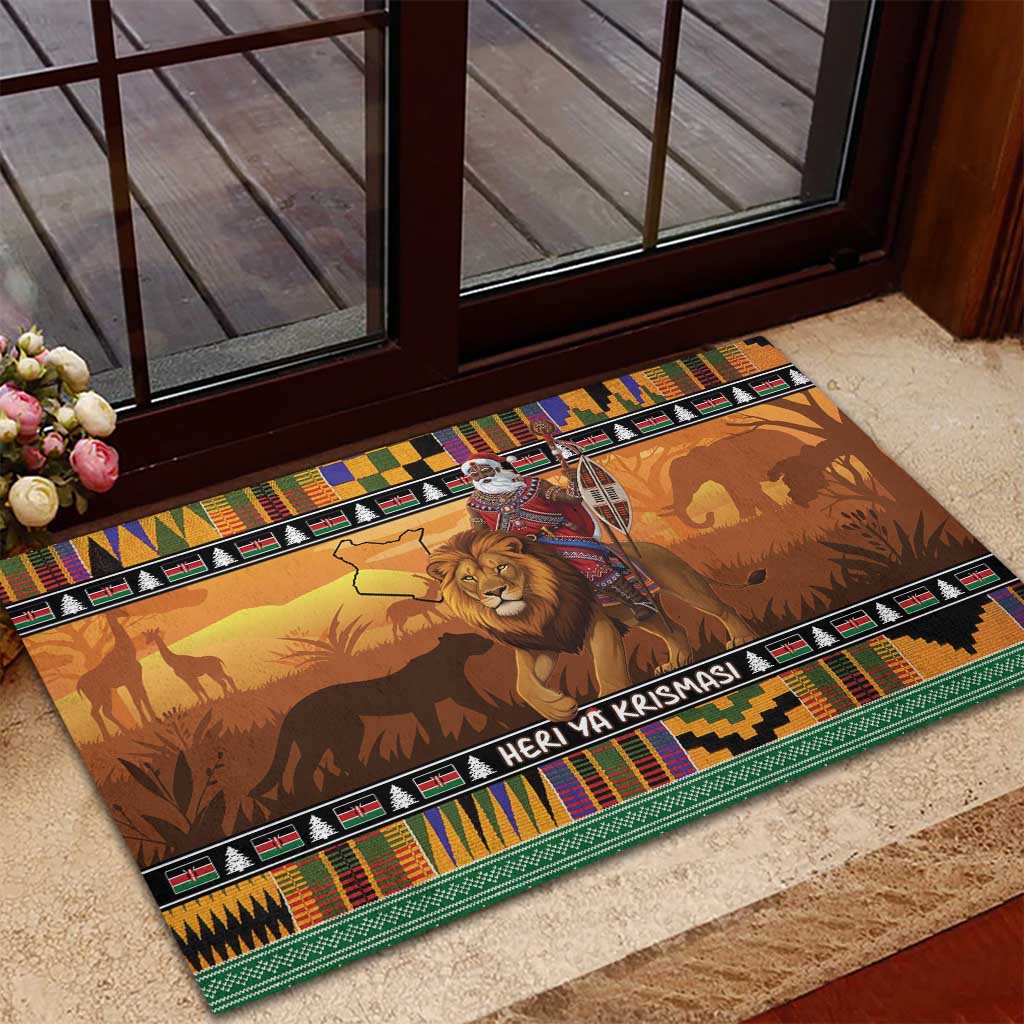 Afro Christmas in Kenya Safari Rubber Doormat Black Santa Riding Lion - African Pride