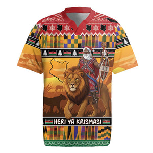 Afro Christmas in Kenya Safari Rugby Jersey Black Santa Riding Lion - African Pride