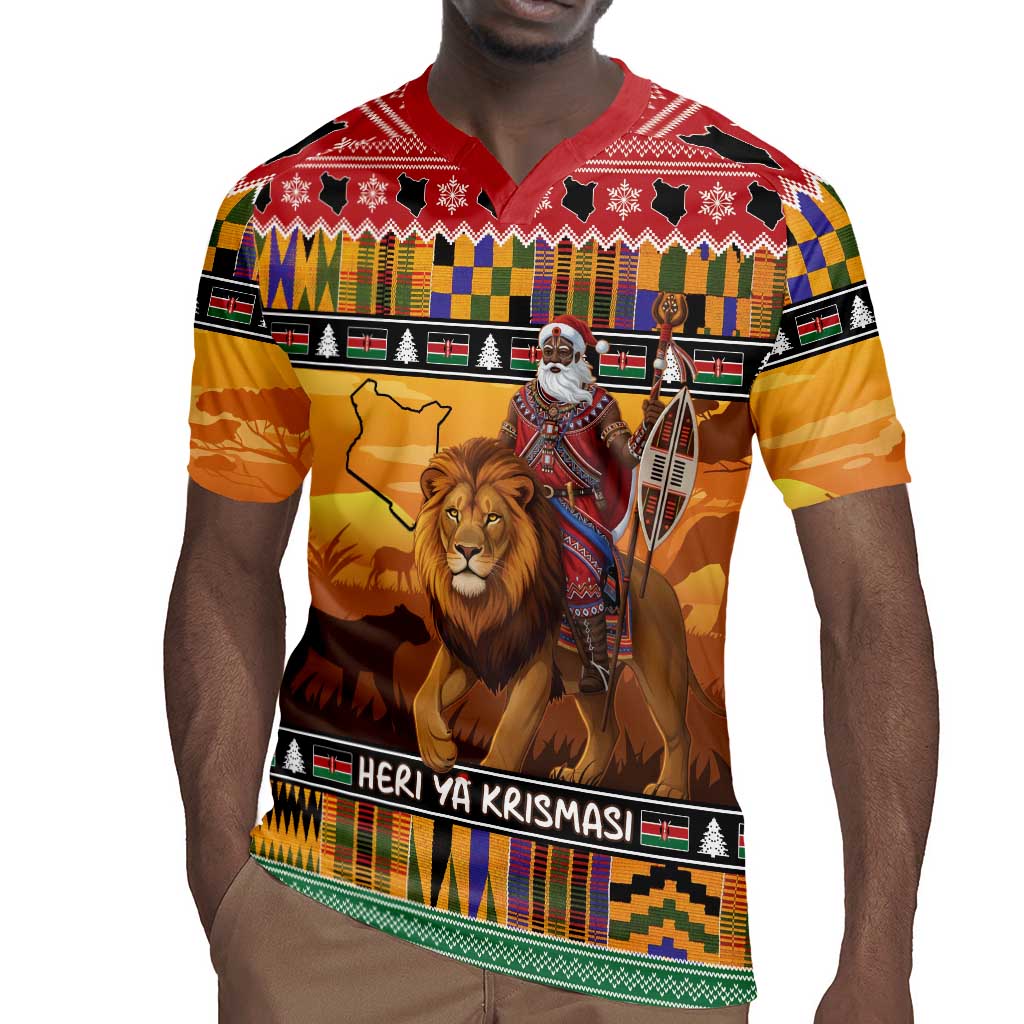 Afro Christmas in Kenya Safari Rugby Jersey Black Santa Riding Lion - African Pride
