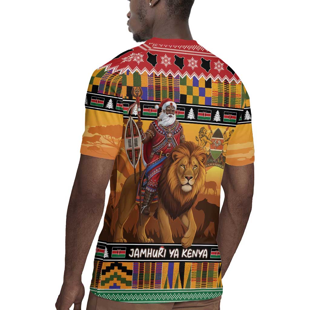 Afro Christmas in Kenya Safari Rugby Jersey Black Santa Riding Lion - African Pride