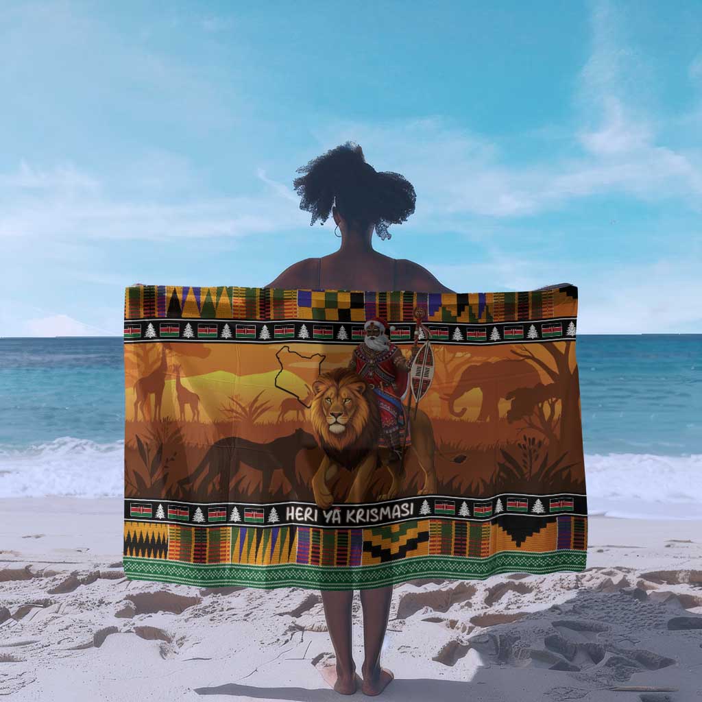 Afro Christmas in Kenya Safari Sarong Black Santa Riding Lion - African Pride