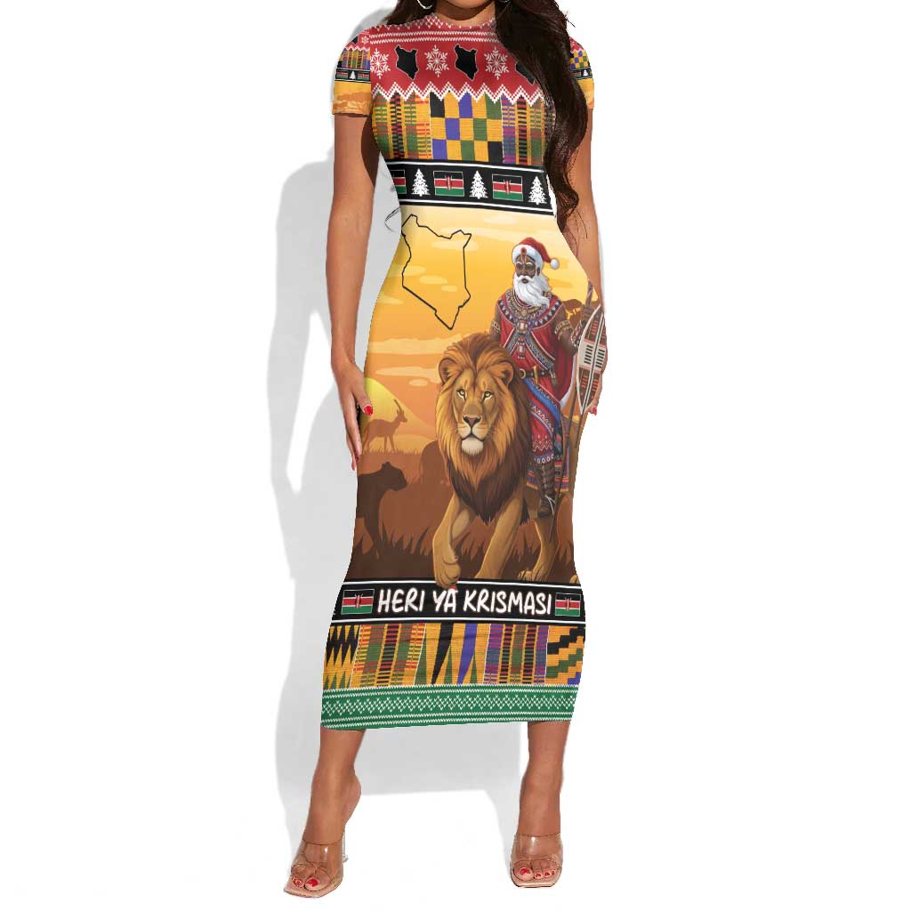 Afro Christmas in Kenya Safari Short Sleeve Bodycon Dress Black Santa Riding Lion - African Pride