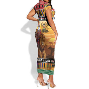 Afro Christmas in Kenya Safari Short Sleeve Bodycon Dress Black Santa Riding Lion - African Pride