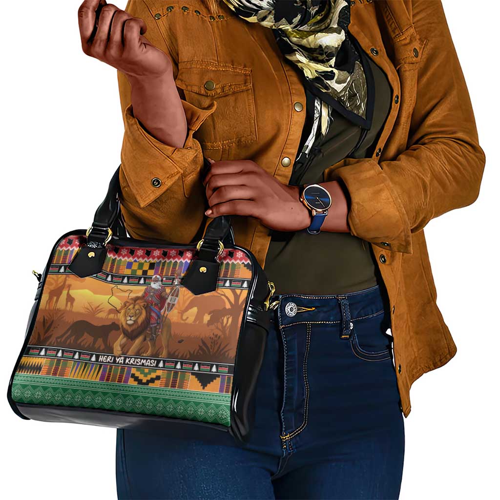 Afro Christmas in Kenya Safari Shoulder Handbag Black Santa Riding Lion - African Pride