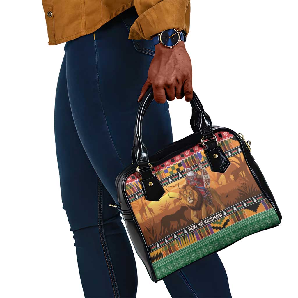 Afro Christmas in Kenya Safari Shoulder Handbag Black Santa Riding Lion - African Pride