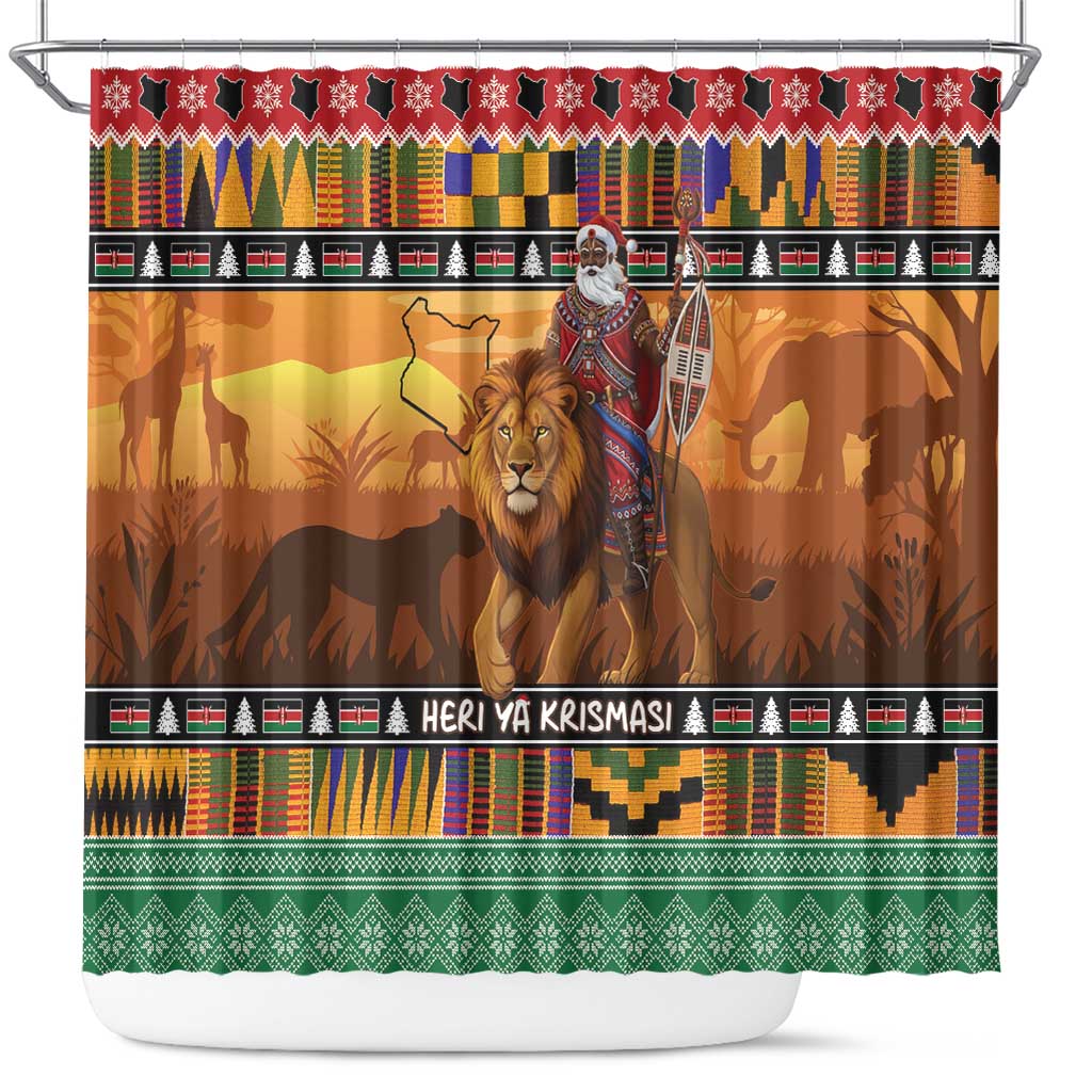 Afro Christmas in Kenya Safari Shower Curtain Black Santa Riding Lion - African Pride