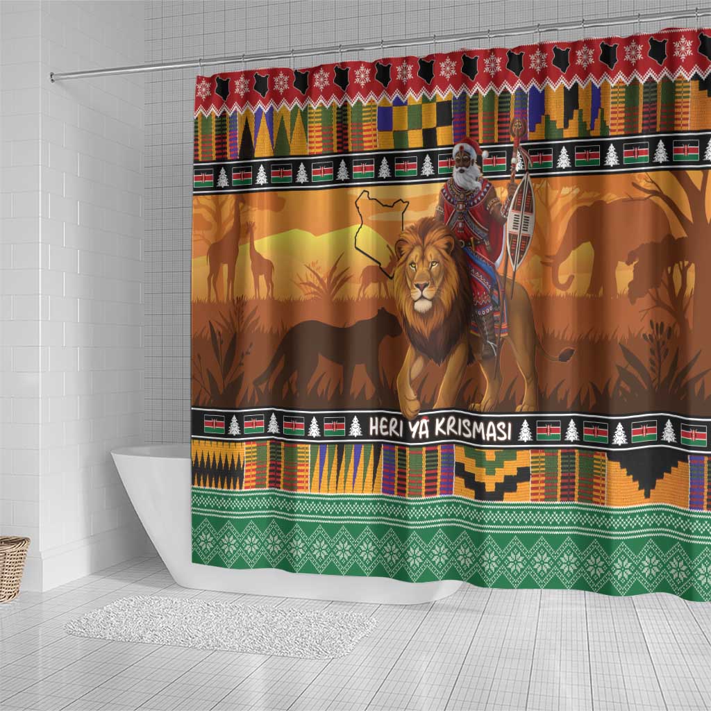 Afro Christmas in Kenya Safari Shower Curtain Black Santa Riding Lion - African Pride