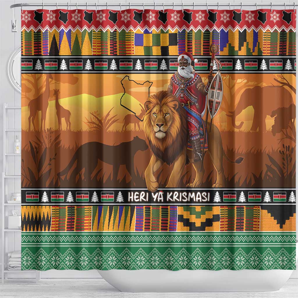 Afro Christmas in Kenya Safari Shower Curtain Black Santa Riding Lion - African Pride