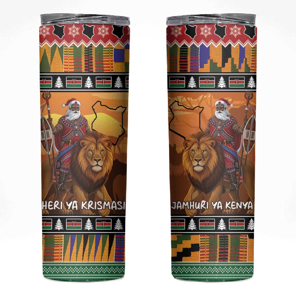 Afro Christmas in Kenya Safari Skinny Tumbler Black Santa Riding Lion - African Pride