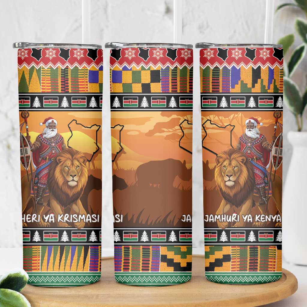 Afro Christmas in Kenya Safari Skinny Tumbler Black Santa Riding Lion - African Pride