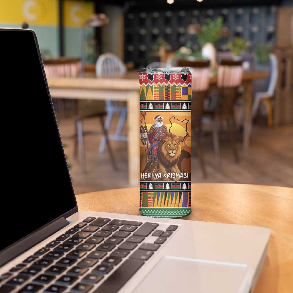 Afro Christmas in Kenya Safari Skinny Tumbler Black Santa Riding Lion - African Pride