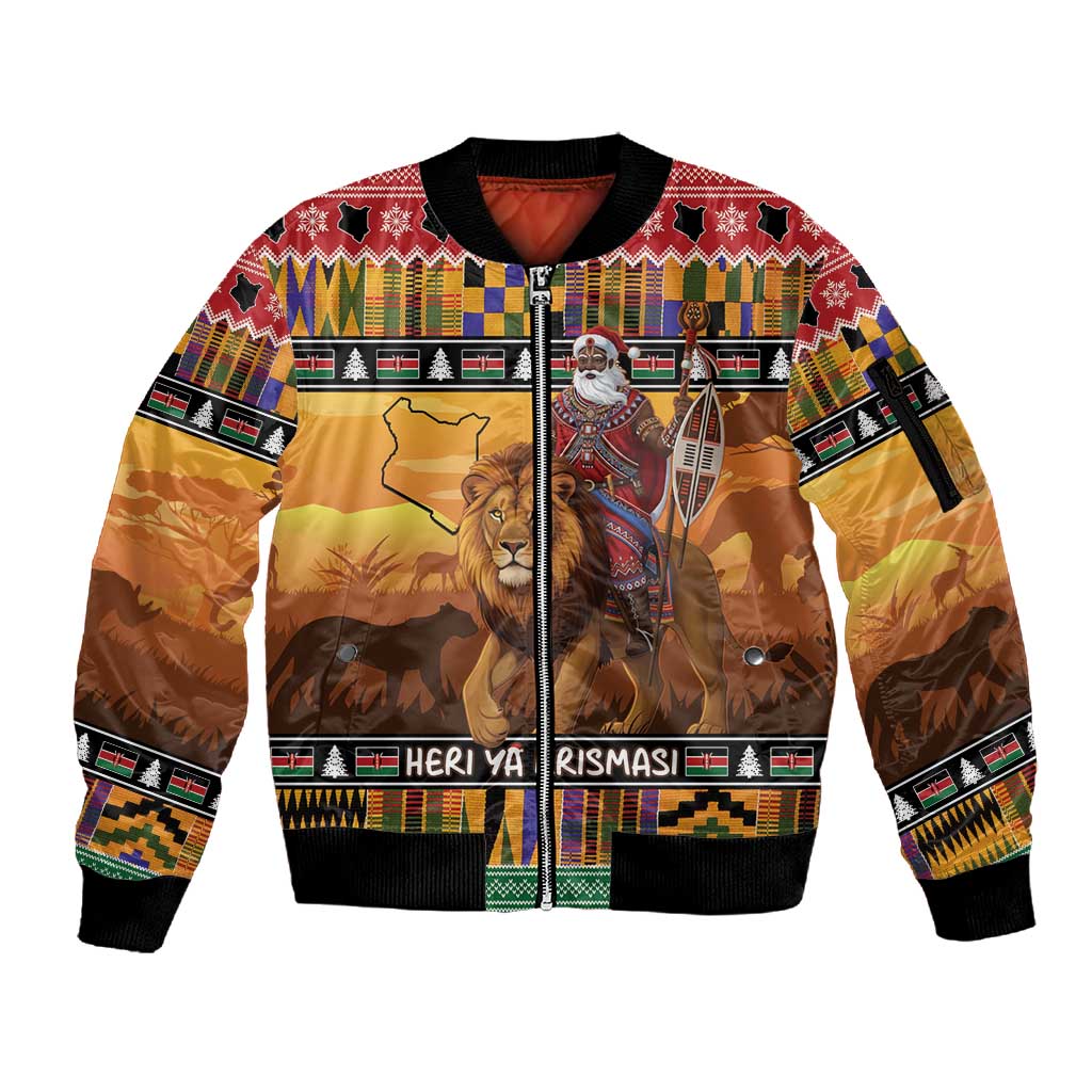 Afro Christmas in Kenya Safari Sleeve Zip Bomber Jacket Black Santa Riding Lion - African Pride