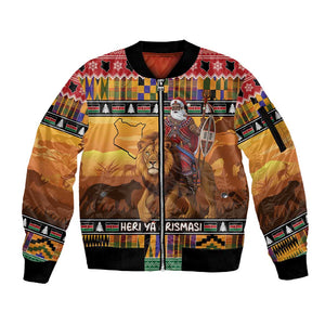 Afro Christmas in Kenya Safari Sleeve Zip Bomber Jacket Black Santa Riding Lion - African Pride