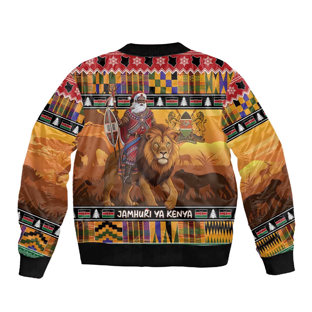 Afro Christmas in Kenya Safari Sleeve Zip Bomber Jacket Black Santa Riding Lion - African Pride