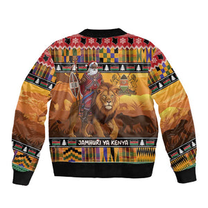 Afro Christmas in Kenya Safari Sleeve Zip Bomber Jacket Black Santa Riding Lion - African Pride