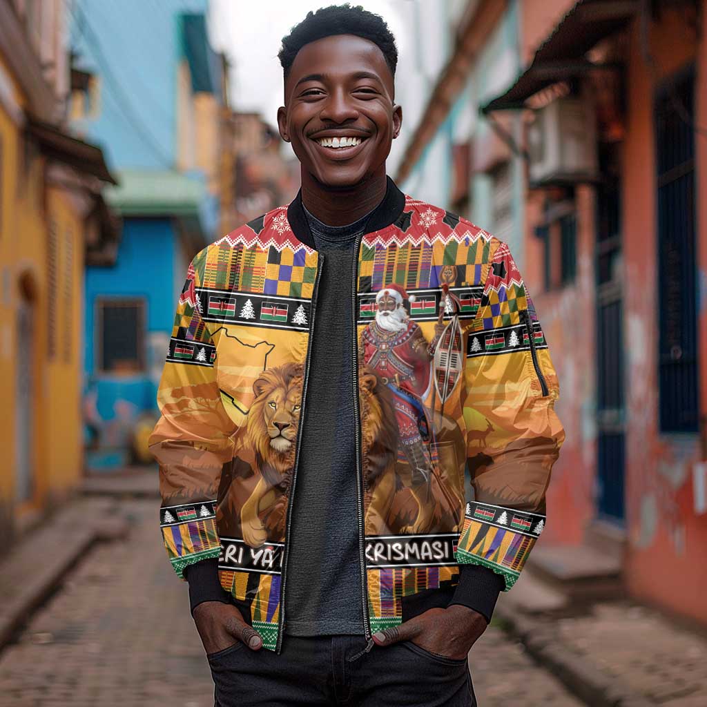 Afro Christmas in Kenya Safari Sleeve Zip Bomber Jacket Black Santa Riding Lion - African Pride
