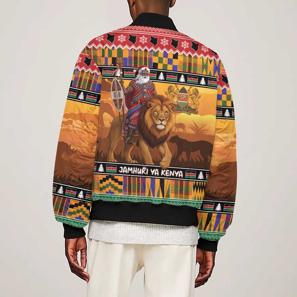 Afro Christmas in Kenya Safari Sleeve Zip Bomber Jacket Black Santa Riding Lion - African Pride