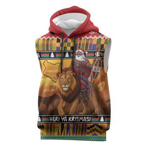 Afro Christmas in Kenya Safari Sleeveless Hoodie Black Santa Riding Lion - African Pride