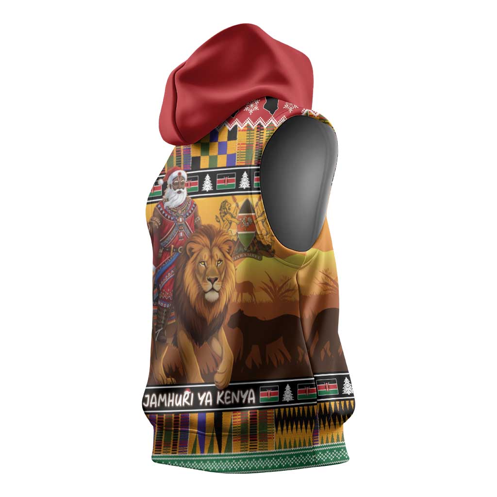 Afro Christmas in Kenya Safari Sleeveless Hoodie Black Santa Riding Lion - African Pride
