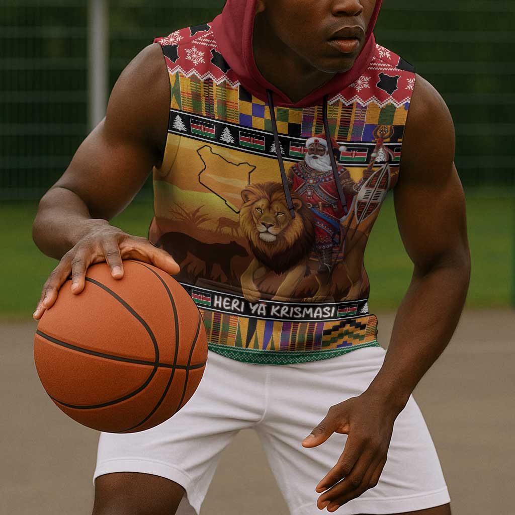 Afro Christmas in Kenya Safari Sleeveless Hoodie Black Santa Riding Lion - African Pride