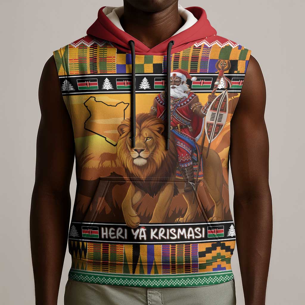 Afro Christmas in Kenya Safari Sleeveless Hoodie Black Santa Riding Lion - African Pride