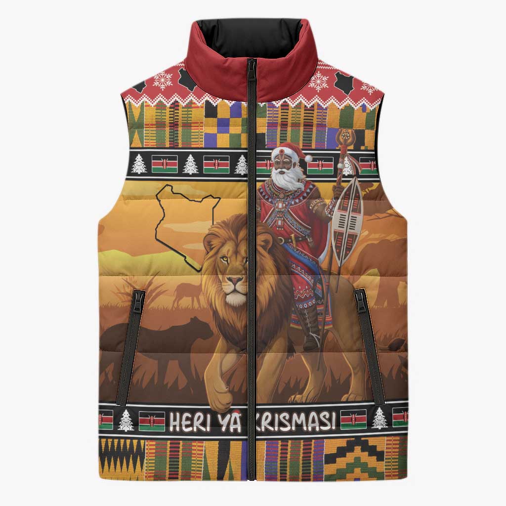 Kenya Safari Christmas Sleeveless Puffer Jacket Black Santa Riding Lion - Heri ya Krismasi