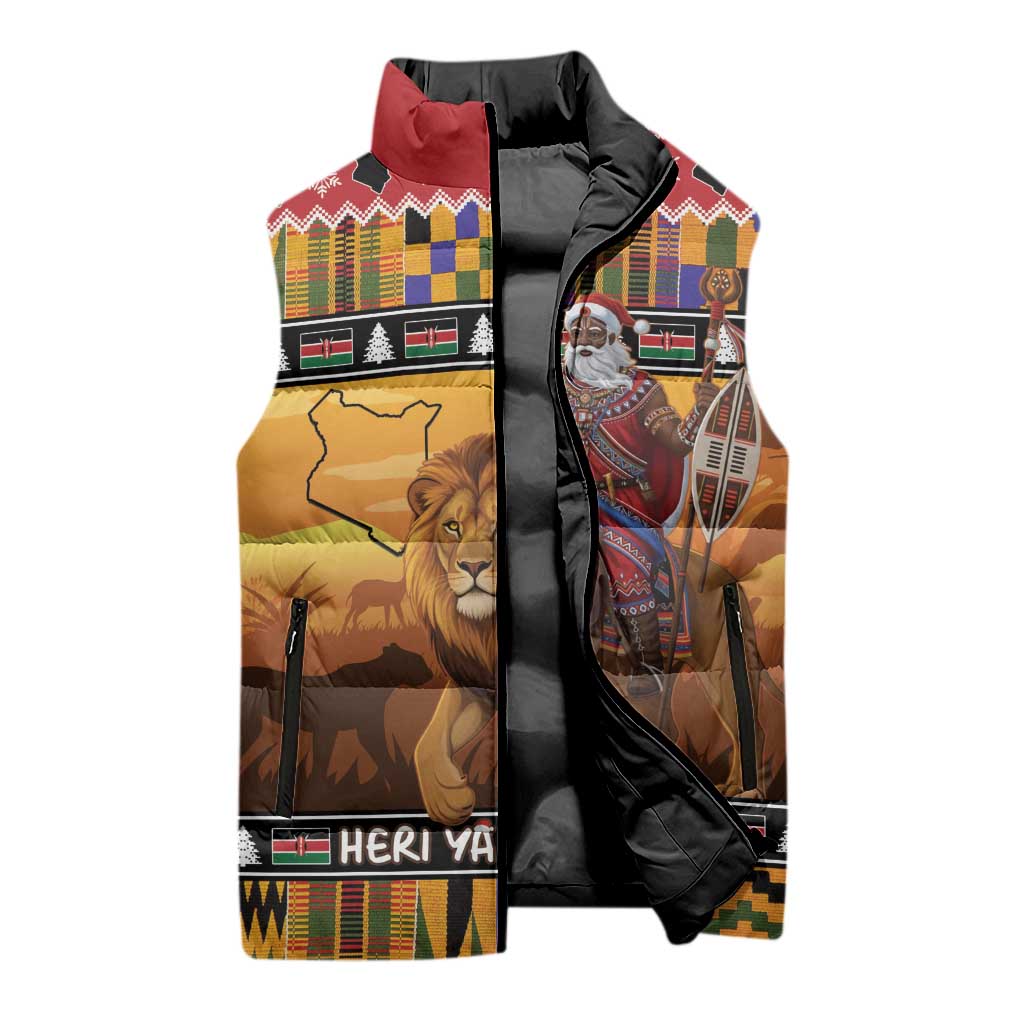 Kenya Safari Christmas Sleeveless Puffer Jacket Black Santa Riding Lion - Heri ya Krismasi