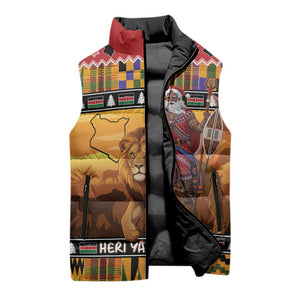 Kenya Safari Christmas Sleeveless Puffer Jacket Black Santa Riding Lion - Heri ya Krismasi